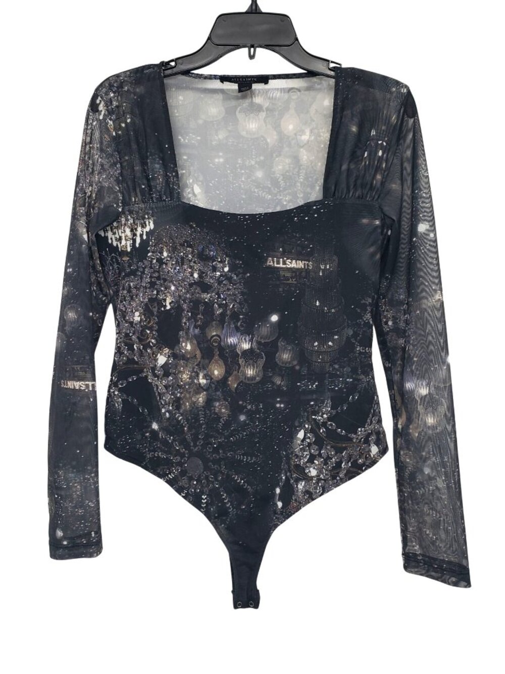 Allsaints Tara Liza Bodysuit Chandelier Mesh Print US 6 Gothic Long Sleeve - Picture 2 of 15